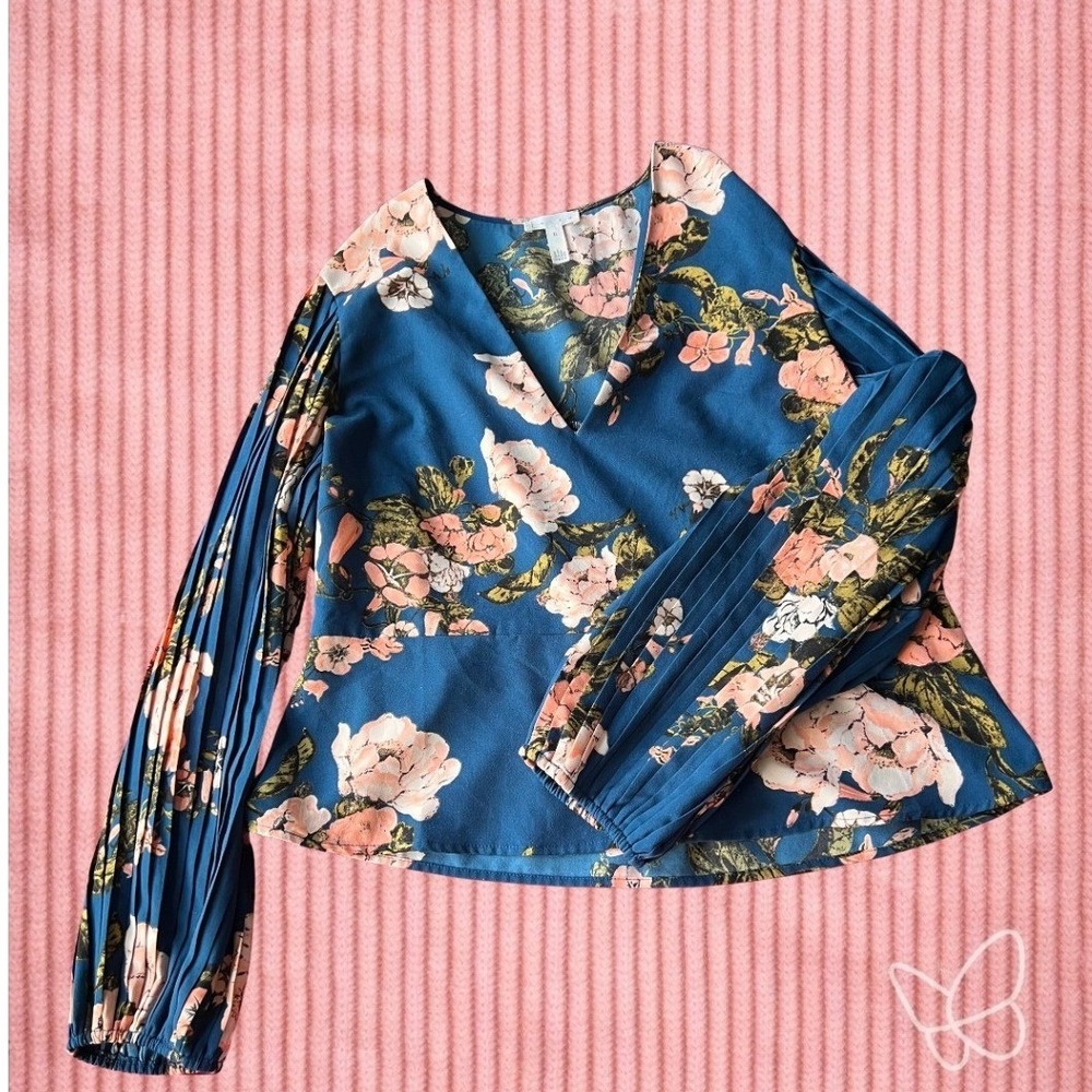 Leith Teal Blue Floral Pleated Sleeve Peplum Surplice Blouse Size XL Cottagecore